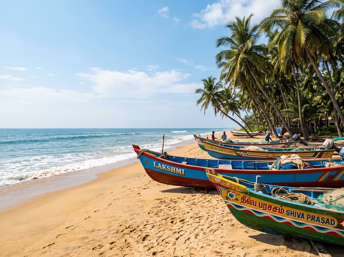 Traditional fishing boats on golden sand beach in Puducherry