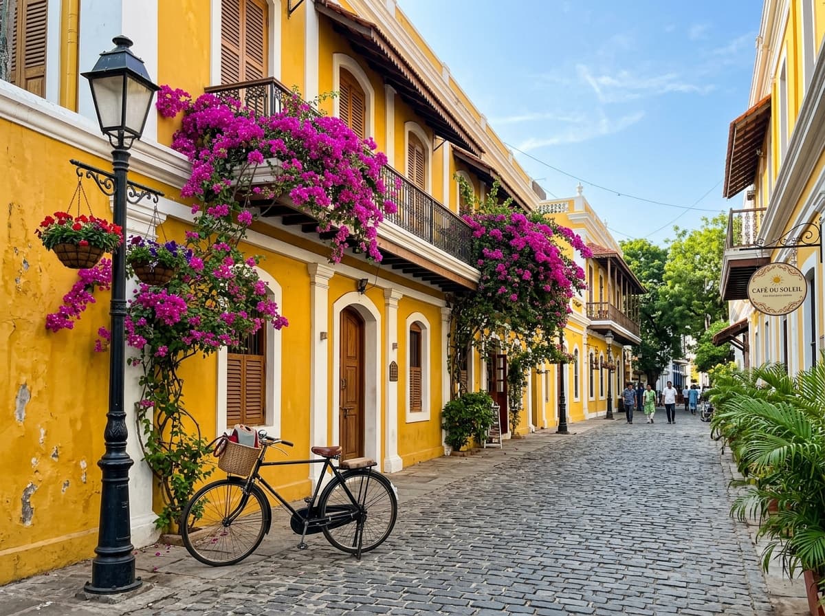 French Quarter colonial street with yellow villas and pink bougainvillea in Puducherry